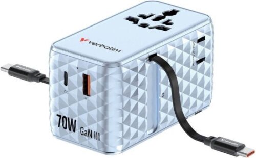 מטען אוניברסלי דגם Charge n Travel 70W GaN III כולל מתאם נסיעות מבית Verbatim - צבע כחול