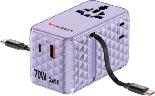 מטען  אוניברסלי דגם Charge n Travel 70W GaN III כולל מתאם נסיעות מבית Verbatim - צבע סגול