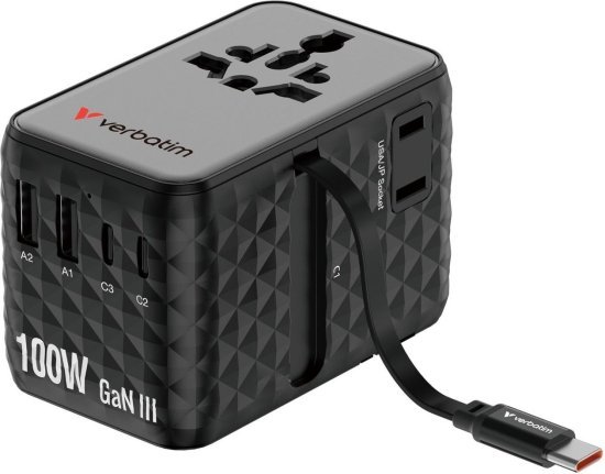 מטען אוניברסלי דגם Charge n Travel 100W GaN III כולל מתאם נסיעות מבית Verbatim - צבע שחור