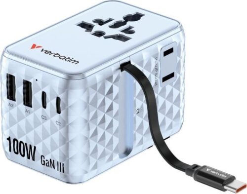 מטען אוניברסלי דגם Charge n Travel 100W GaN III כולל מתאם נסיעות  מבית Verbatim - צבע כחול
