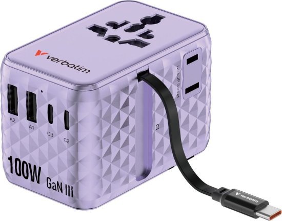 מטען אוניברסלי דגם Charge n Travel 100W GaN III כולל מתאם נסיעות מבית Verbatim - צבע סגול