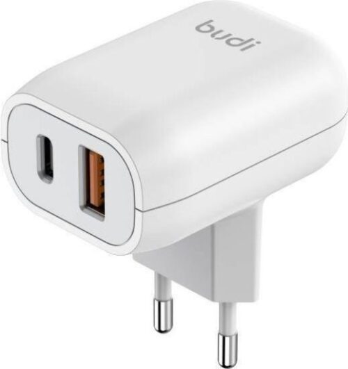 מטען קיר עם יציאות USB-C 20W + USB-A 18W מבית Budi - צבע לבן