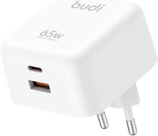 מטען קיר מהיר בטכנולוגיית GaN עם יציאות USB-C 65W + USB-A 30W מבית Budi - צבע לבן
