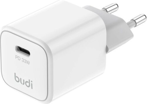 מטען קיר GaN 33W USB-C PD + כבל USB-C 65W באורך 1.2 מטר מבית Budi - צבע לבן