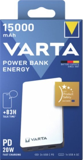 סוללת גיבוי ניידת בנפח 15,000mAh עם חיבורי USB מבית Varta - צבע לבן
