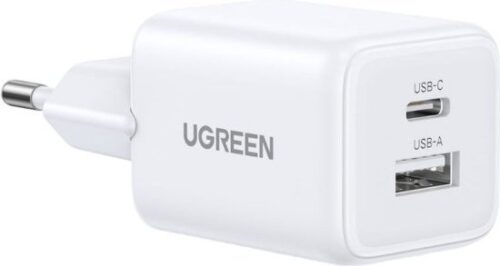 מטען קיר GaN 20W עם תמיכה בטעינה מהירה עם יציאות USB Type-A ו-USB Type-C מבית UGREEN - צבע לבן