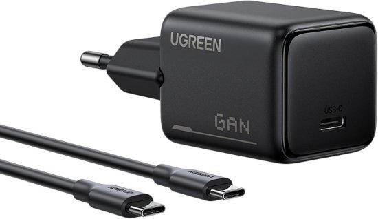 מטען קיר GaN 25W עם תמיכה בטעינה מהירה עם יציאת USB-C + כבל USB-C ל-USB-C באורך 1 מטר מבית UGREEN - צבע שחור