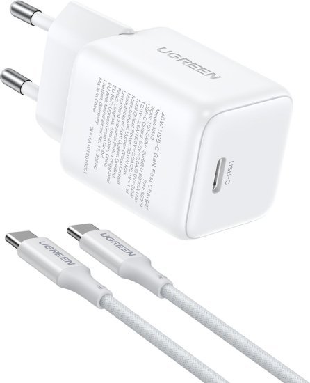 מטען קיר GaN 30W עם תמיכה בטעינה מהירה עם יציאת USB-C + כבל USB-C ל-USB-C באורך 1 מטר מבית UGREEN - צבע לבן