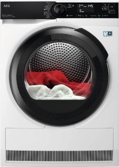 מייבש כביסה אינוורטר HeatPump פתח חזית 8 ק''ג AEG Series 8000 AbsoluteCare T8384OBCM - צבע לבן דלת שחורה - תוצרת פולין