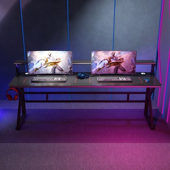 435883_b_1.jpg שולחן גיימינג כפול ברוחב 180 ס''מ כולל מדף עליון ומתלה לאוזניות דגם RSM-1058 מבית Rosso Italy - צבע שחור