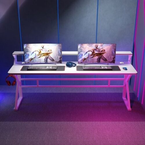 435887_b_1.jpg שולחן גיימינג כפול ברוחב 180 ס''מ כולל מדף עליון ומתלה לאוזניות דגם RSM-1058 מבית Rosso Italy - צבע לבן