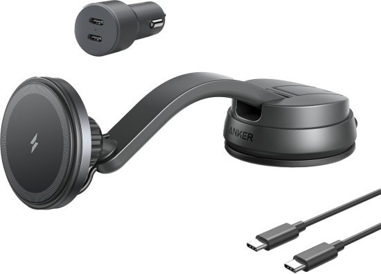 מציאון ועודפים - מעמד טעינה מגנטי אלחוטי לרכב כולל כבל טעינה ומטען לרכב עם 2 יציאות Anker MagGo - צבע שחור