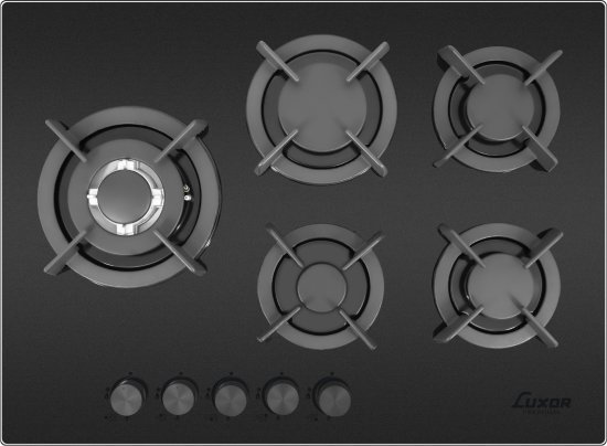כיריים גז 5 להבות בישול 70 ס''מ Luxor LUX-705 MGB - זכוכית שחורה מט