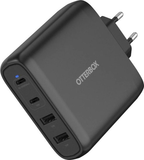 מטען קיר מהיר 65W בחיבור USB-C כפול ו-USB-A כפול ותומך ב-GaN מבית OtterBox - צבע שחור