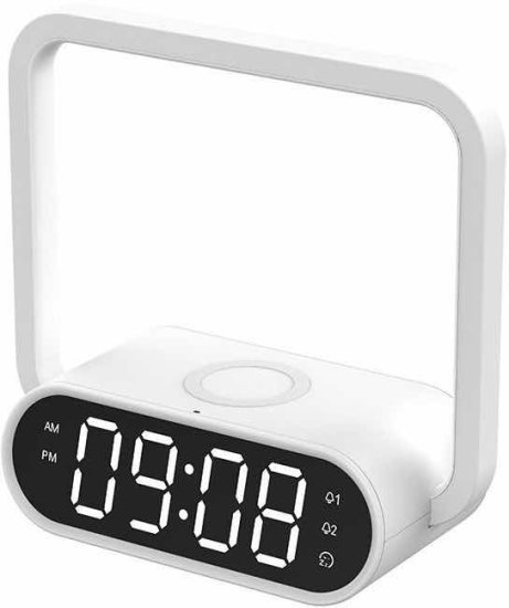 מנורת שולחן חכמה עם טעינה אלחוטית ושעון מעורר מבית Power-Tech - צבע לבן