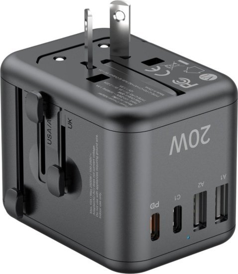 446416_b_1.jpg מטען קיר אוניברסלי לנסיעות 20W בחיבור USB-C כפול ו-USB-A כפול מבית Budi - צבע שחור