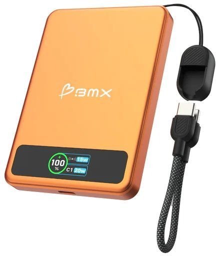 סוללת גיבוי מגנטית אלחוטית 5000mAh בטכנולוגיית Solid-State דגם SolidSafe™ 5K מבית BMX - צבע כתום