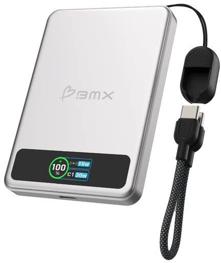 סוללת גיבוי מגנטית אלחוטית 5000mAh בטכנולוגיית Solid-State דגם SolidSafe™ 5K מבית BMX - צבע כסוף