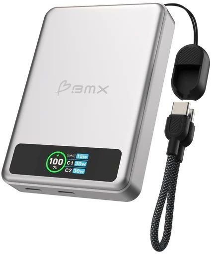 סוללת גיבוי מגנטית אלחוטית 10000mAh בטכנולוגיית Solid-State דגם SolidSafe™ 10K מבית BMX - צבע כסוף