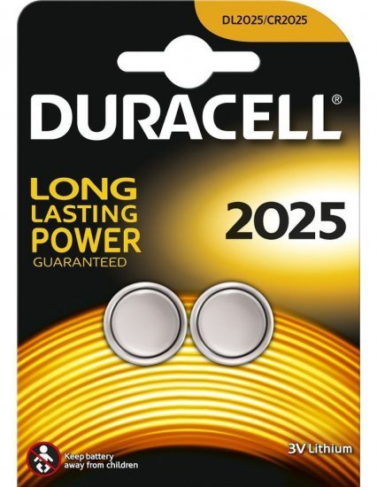 2 סוללות כפתור DL / CR2025 Lithium לא נטענות 3V 20mm x 2.5mm של חברת Duracell