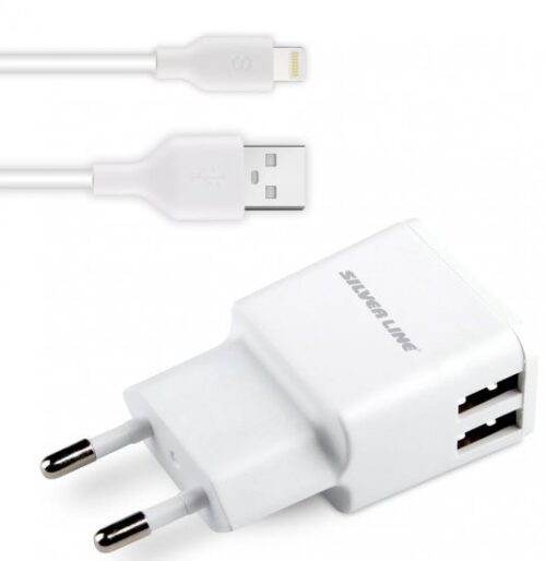 53483_b_1.jpg מטען קיר Silver Line SWC244 2xUSB 2.4A - עם כבל Lightning - צבע לבן