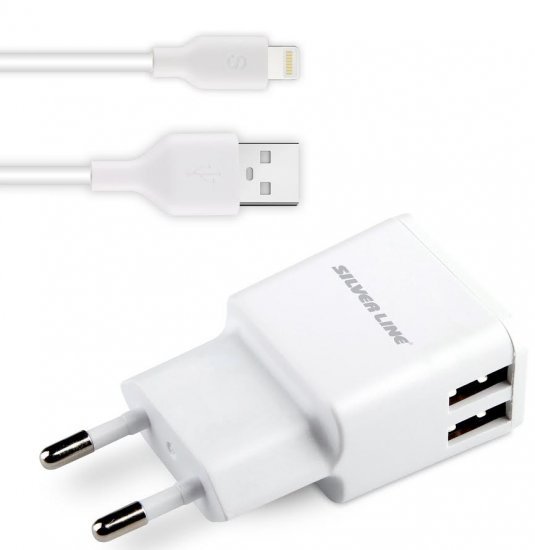 מטען קיר Silver Line SWC244 2xUSB 2.4A - עם כבל Lightning - צבע לבן