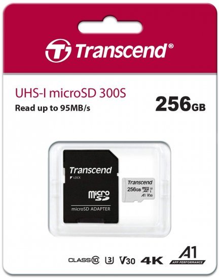 כרטיס זכרון Transcend 300S Micro SDXC UHS-I U3A1 TS256GUSD300S-A - נפח 256GB - עם מתאם SD