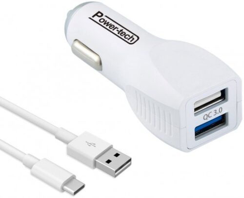 מטען USB כפול לרכב עם כבל Power-Tech 3.6A 30W USB Type-C צבע לבן