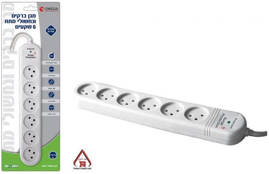 מגן ברקים רב שקע ללא השהייה Omega - OM-QD-06 בעל 6 יציאות וכבל באורך 1 מטר
